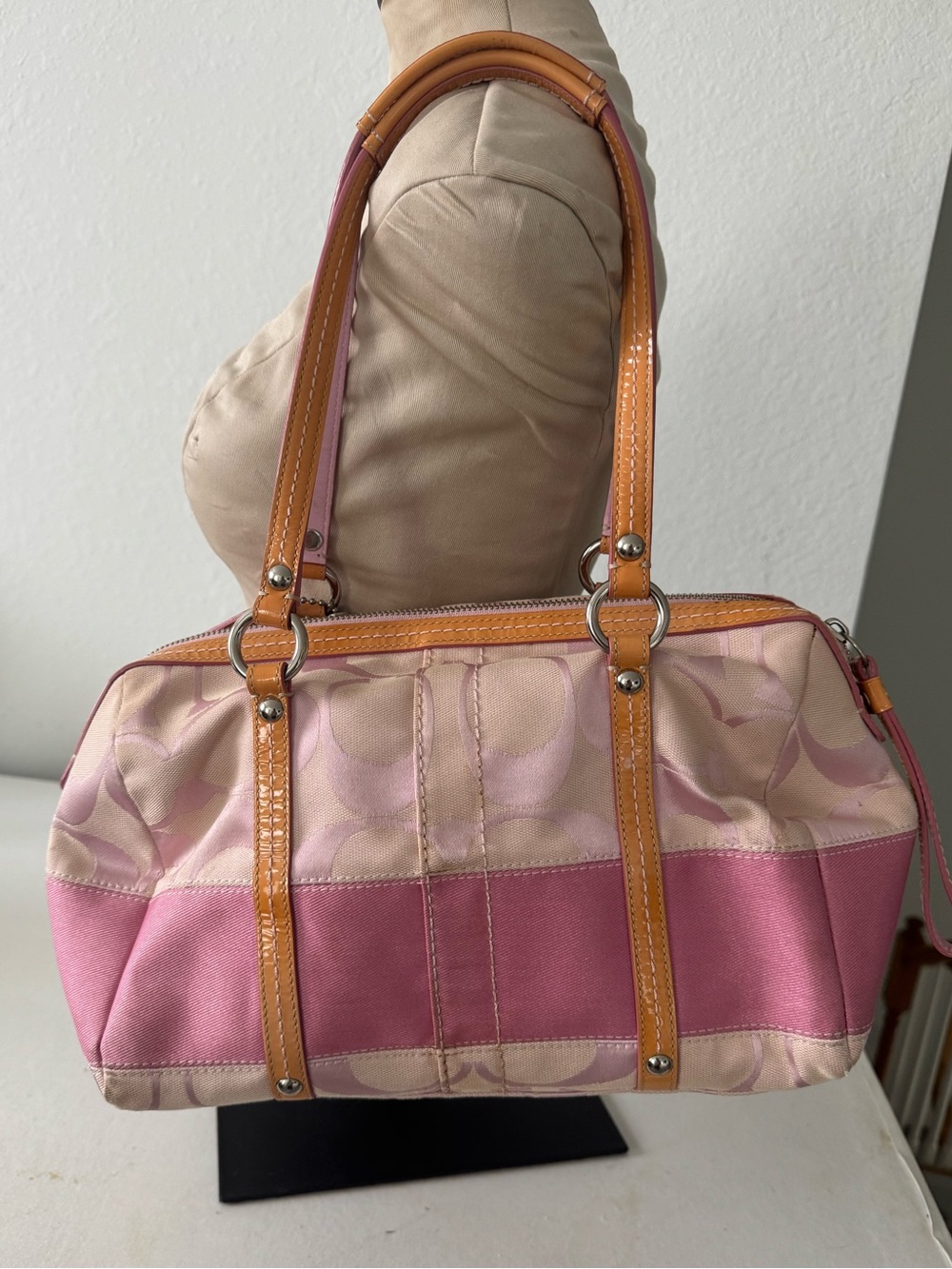 Coach Signature Stripe Boston Satchel Pink Canvas Duffle Y2K Bag F13551 - Picture 6 of 14